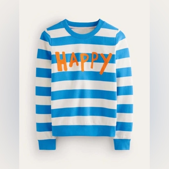Boden Tops - BODEN Happy Chain Stitched Embroidered Sweatshirt Blue White Stripe Womens Small